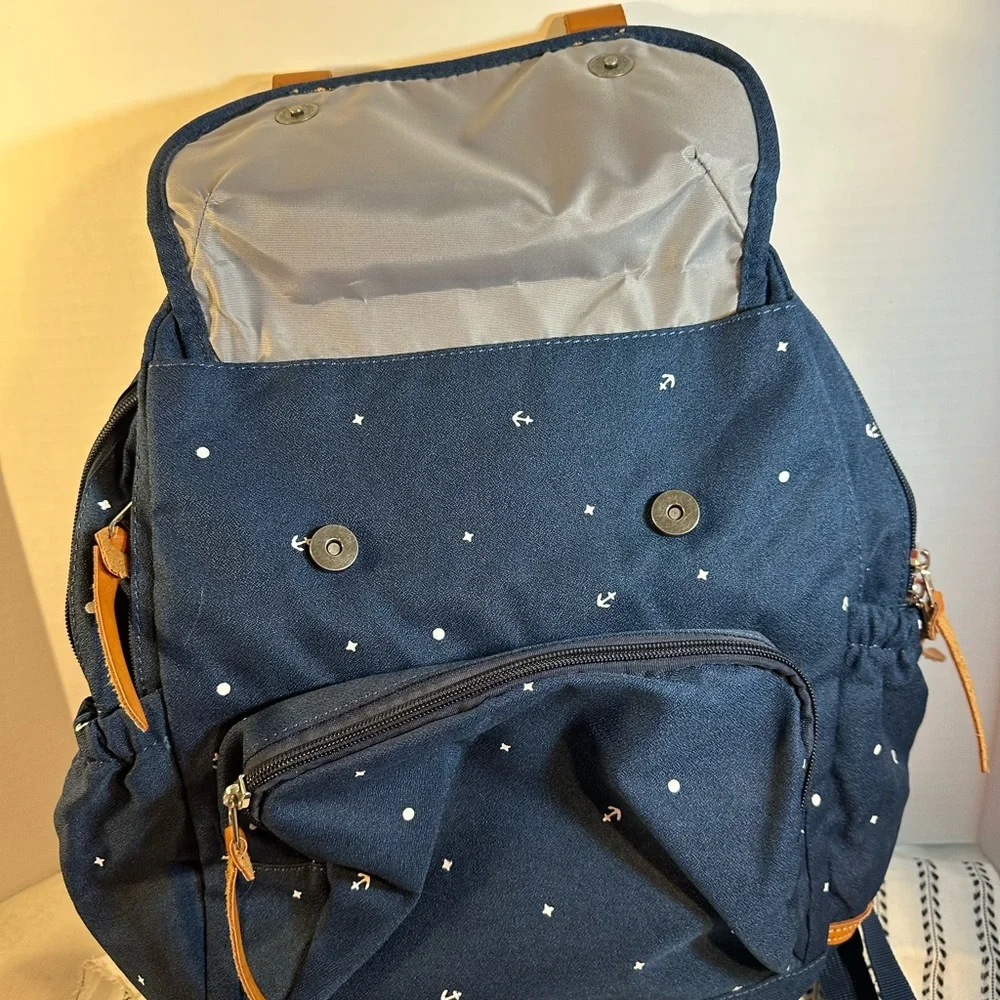 Navy Blue with Anchor Print Kaukko brand laptop backpack leather details